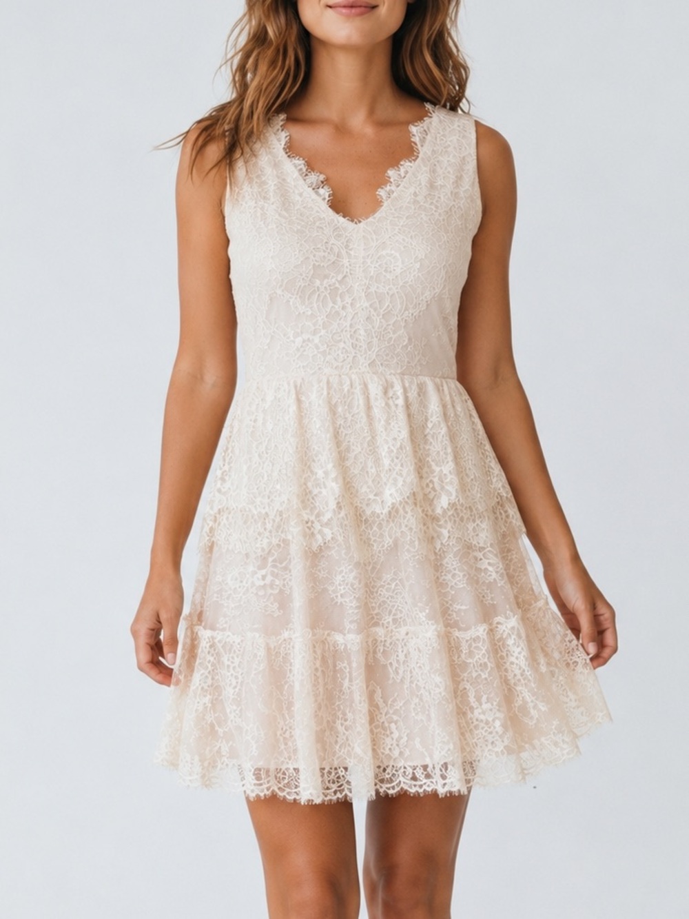 BCBGMAXAZRIA Lace Fit Flare Mini Dress Small Ivory Nude Sleeveless